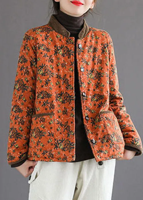 Organic Orange Stand Collar Print Warm Fleece Jacket In Winter