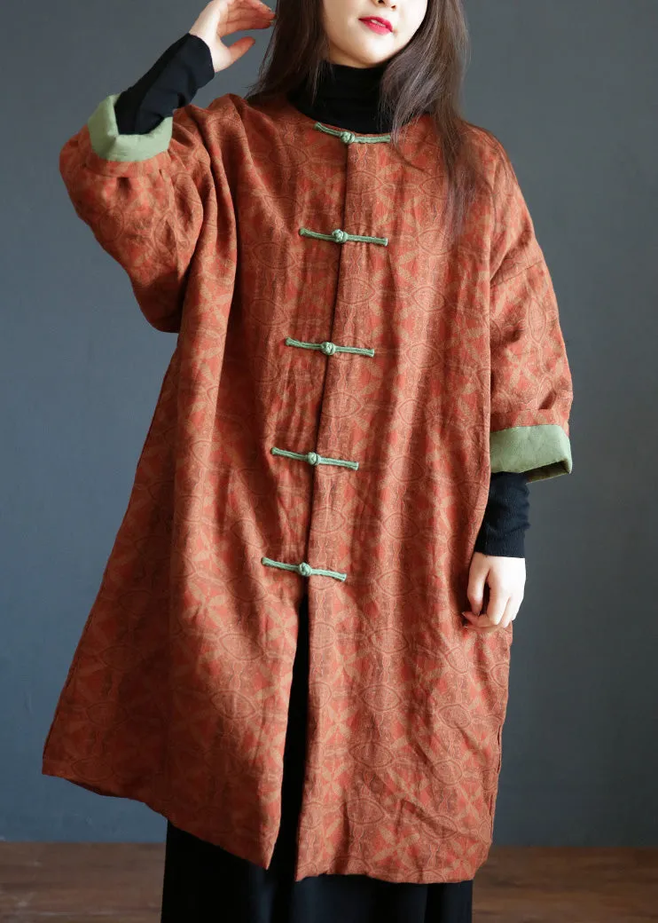 Plus Size Orange Stand Collar Print Button Warm Fleece Linen Parkat Winter