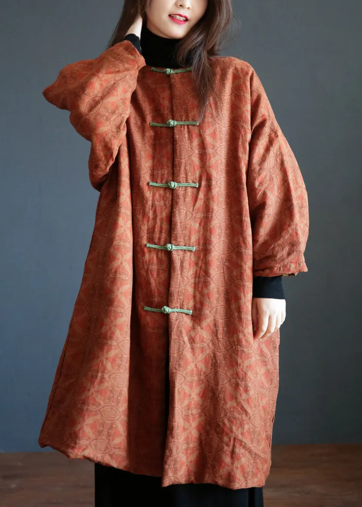 Plus Size Orange Stand Collar Print Button Warm Fleece Linen Parkat Winter