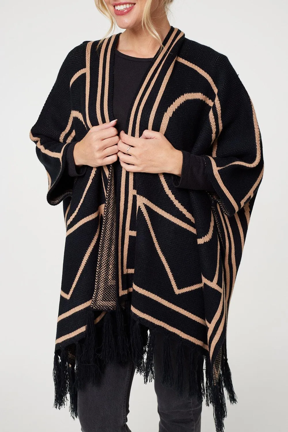 Printed Tassel Fringe Longline Poncho