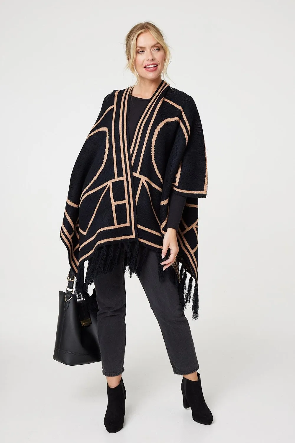 Printed Tassel Fringe Longline Poncho