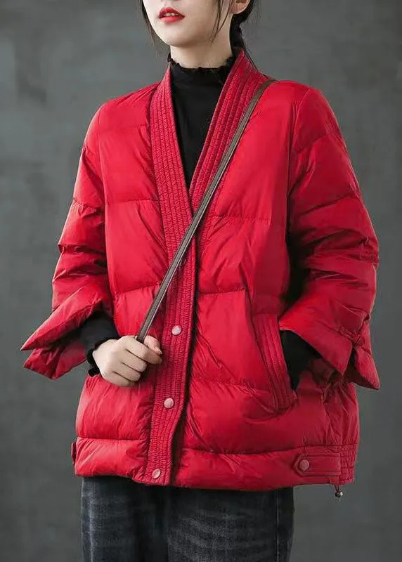 Red  V Neck Button Thick fashion Winter Duck Down Jackets