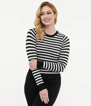 Retro Style Black & White Stripe Long Sleeve Knit Sweater Top