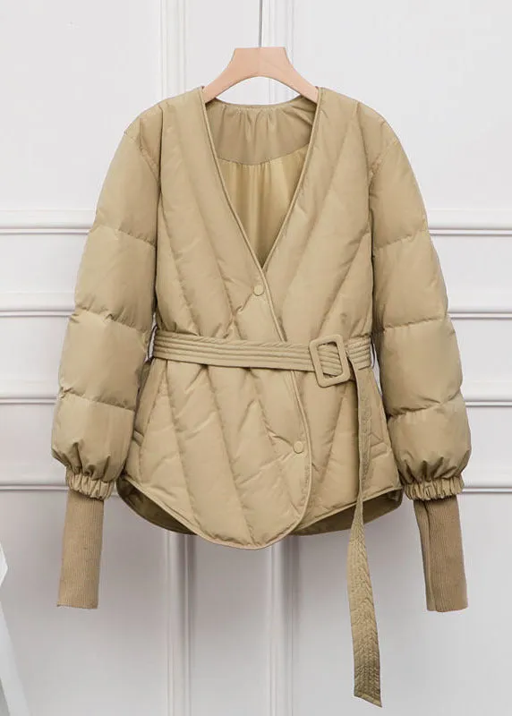 Stylish Khaki V Neck Sashes Duck Down Cinch Coat Winter