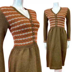 VINTAGE 60s 70s BROWN ORANGE WHITE GEOMETRIC MOD BOHO KNITTED DRESS 6