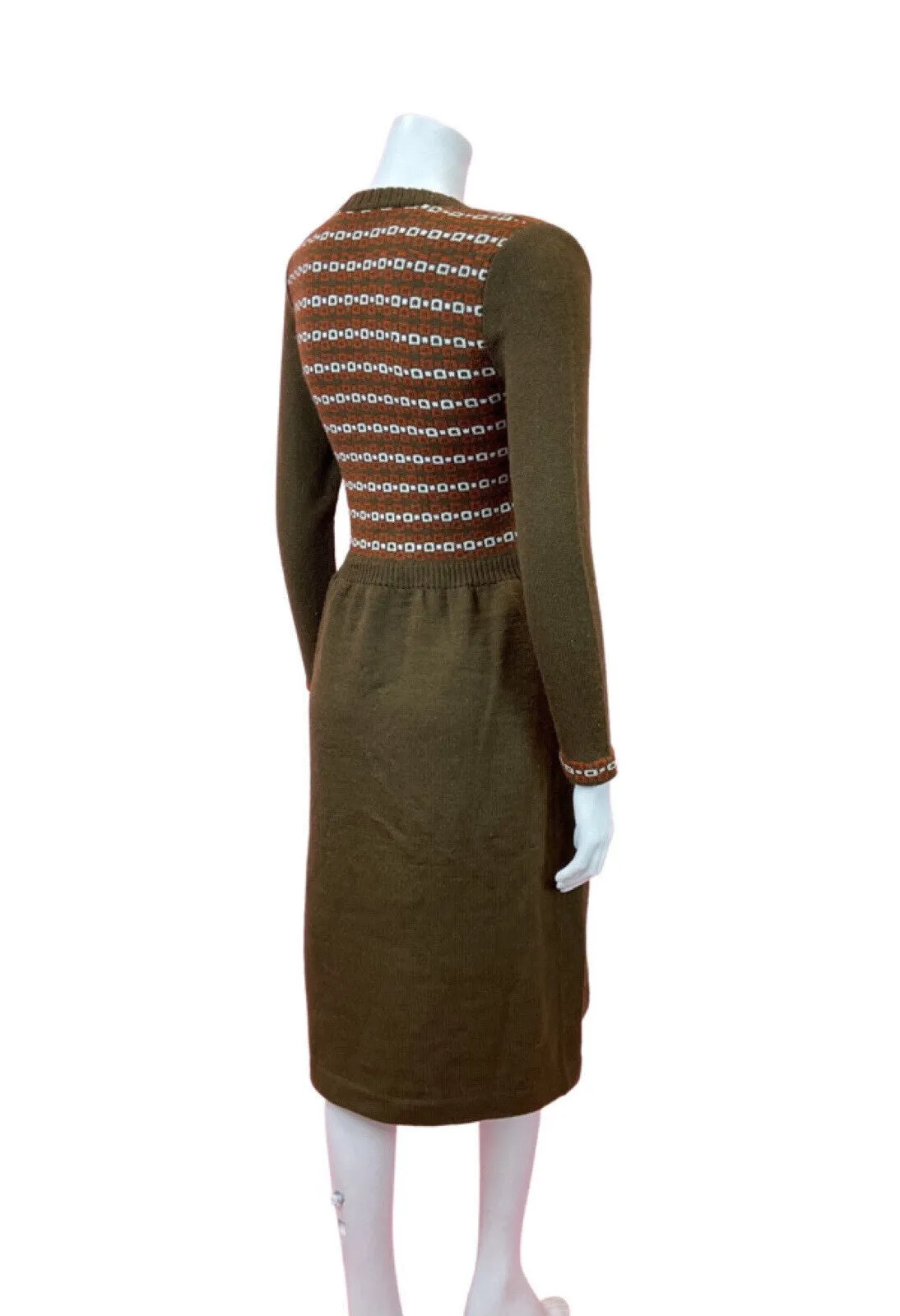 VINTAGE 60s 70s BROWN ORANGE WHITE GEOMETRIC MOD BOHO KNITTED DRESS 6