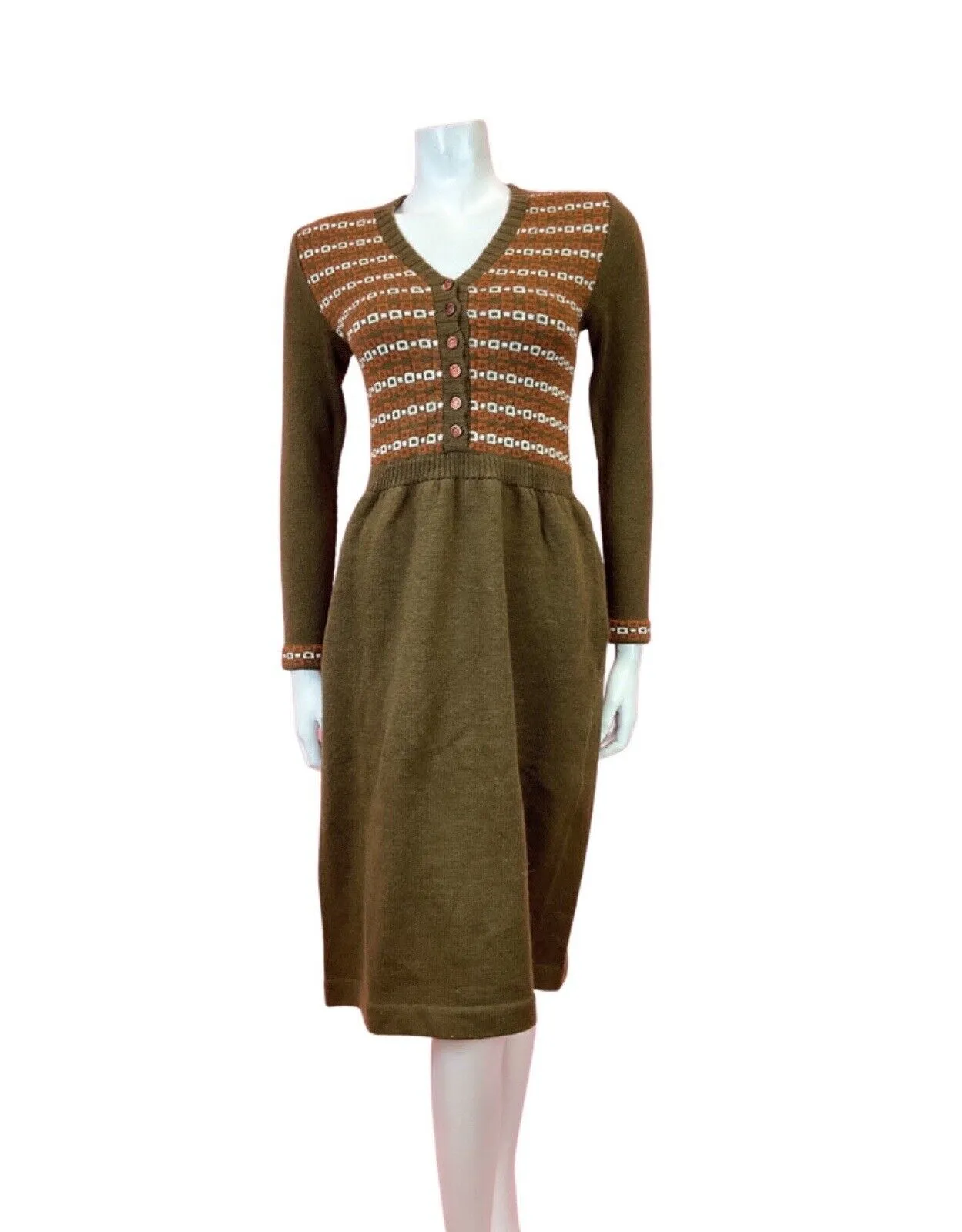 VINTAGE 60s 70s BROWN ORANGE WHITE GEOMETRIC MOD BOHO KNITTED DRESS 6