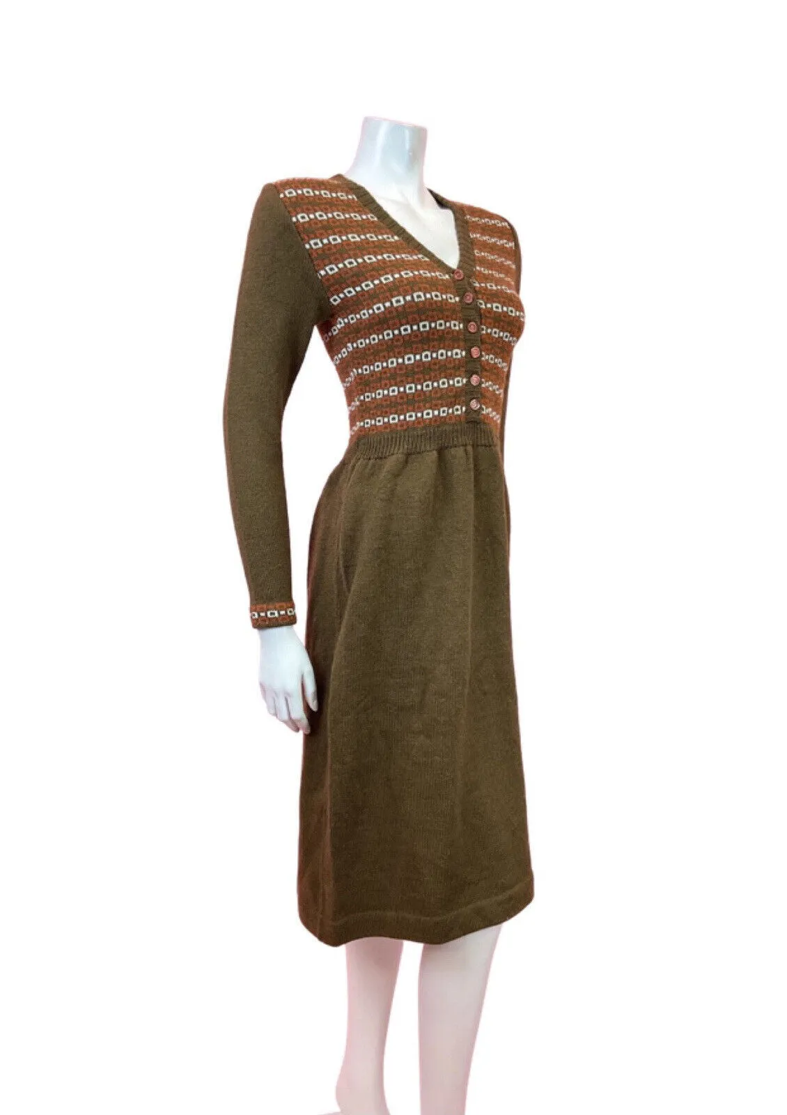 VINTAGE 60s 70s BROWN ORANGE WHITE GEOMETRIC MOD BOHO KNITTED DRESS 6