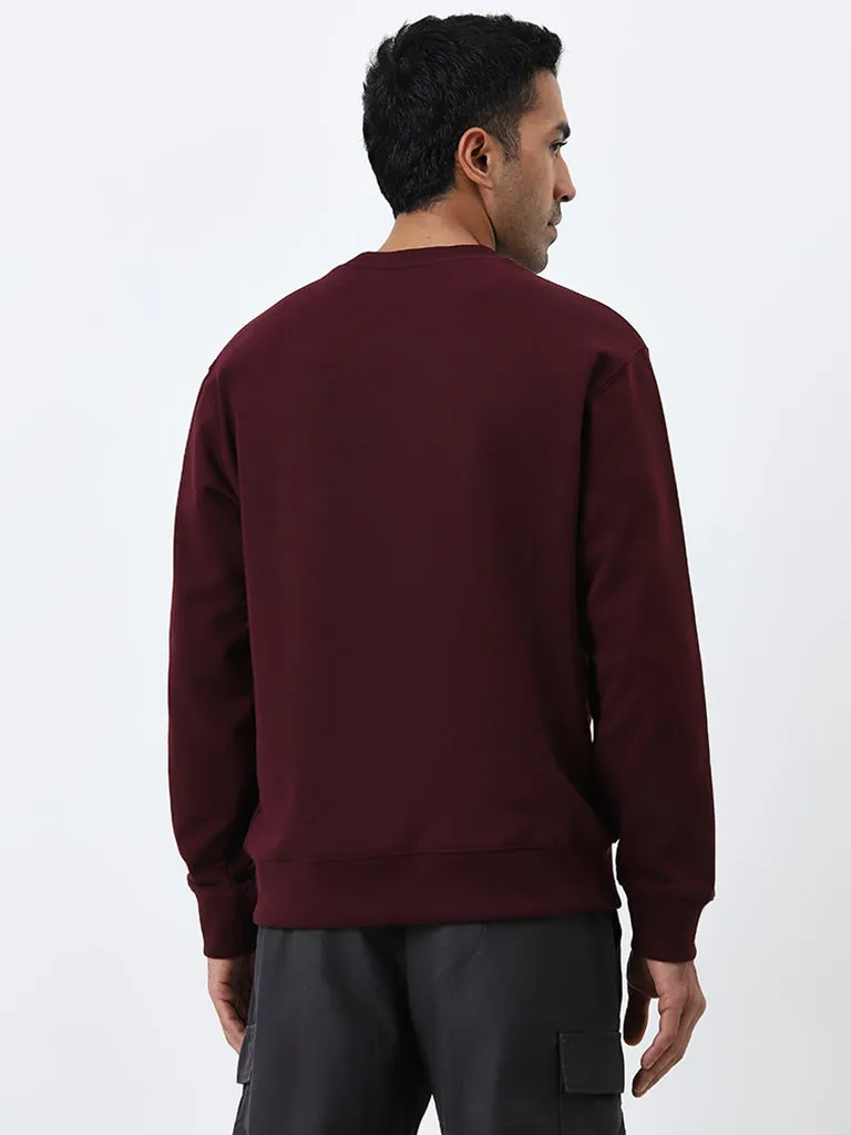 WES Casuals Burgundy Relaxed Fit Cotton Blend Sweatshirt