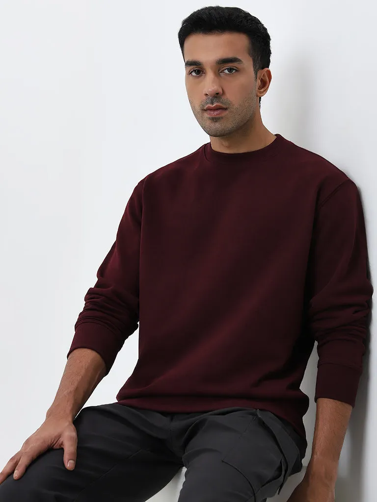 WES Casuals Burgundy Relaxed Fit Cotton Blend Sweatshirt