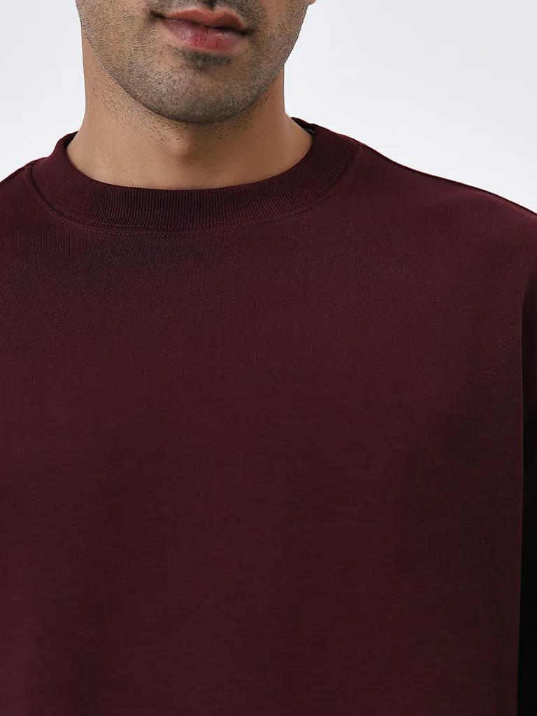 WES Casuals Burgundy Relaxed Fit Cotton Blend Sweatshirt