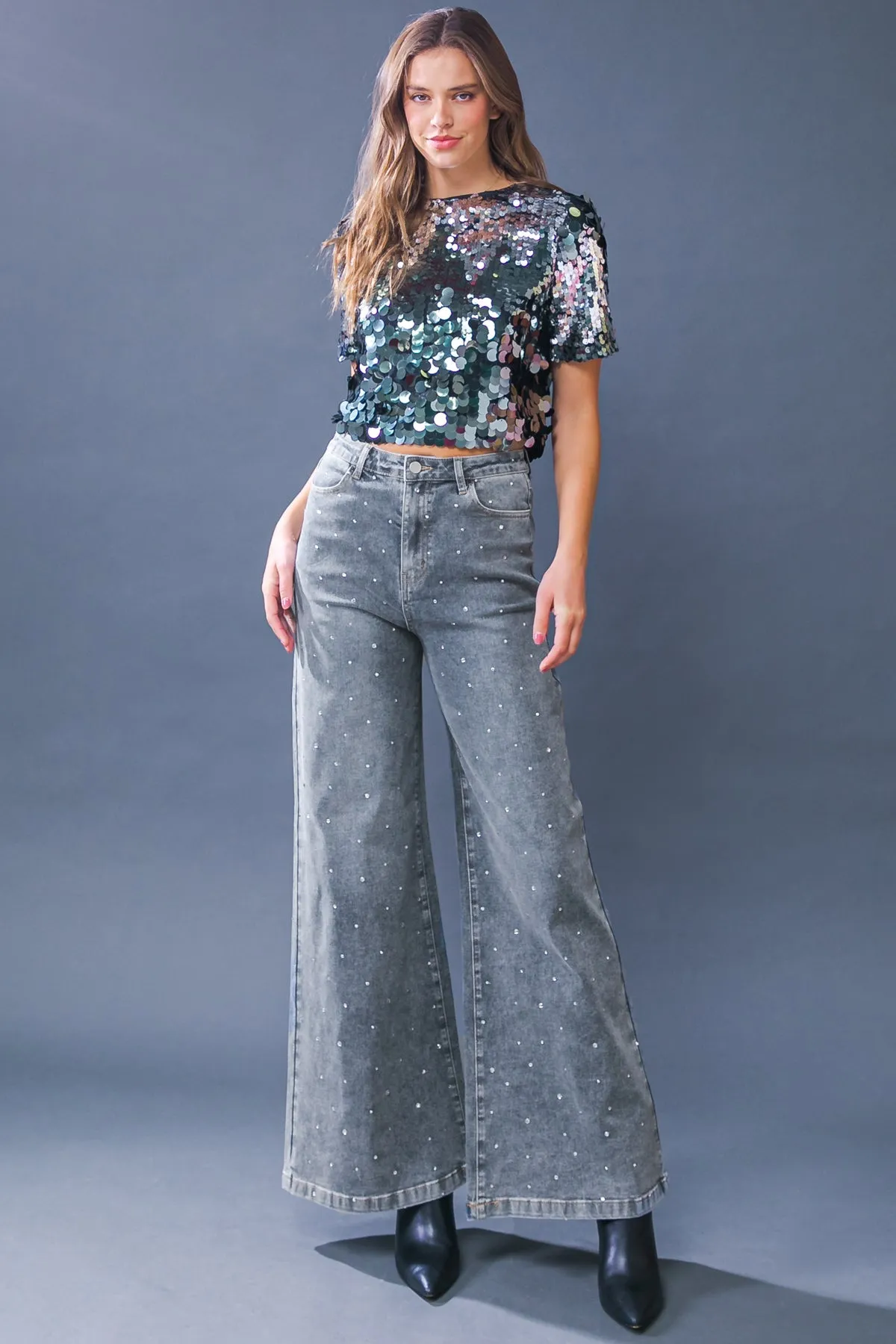 Wide Leg Embellished Washed Denim