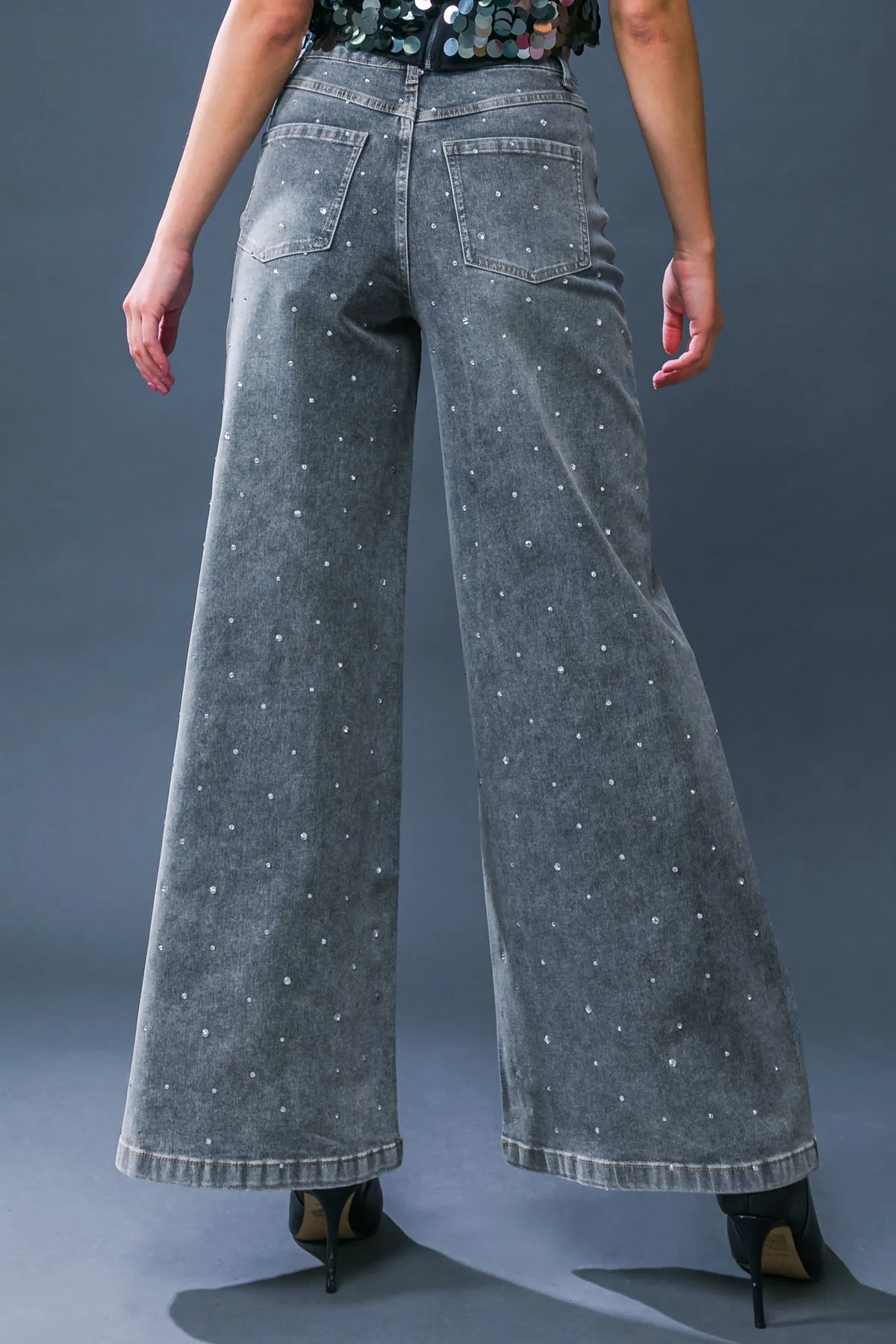 Wide Leg Embellished Washed Denim