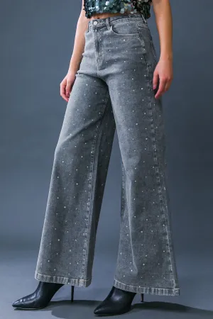 Wide Leg Embellished Washed Denim