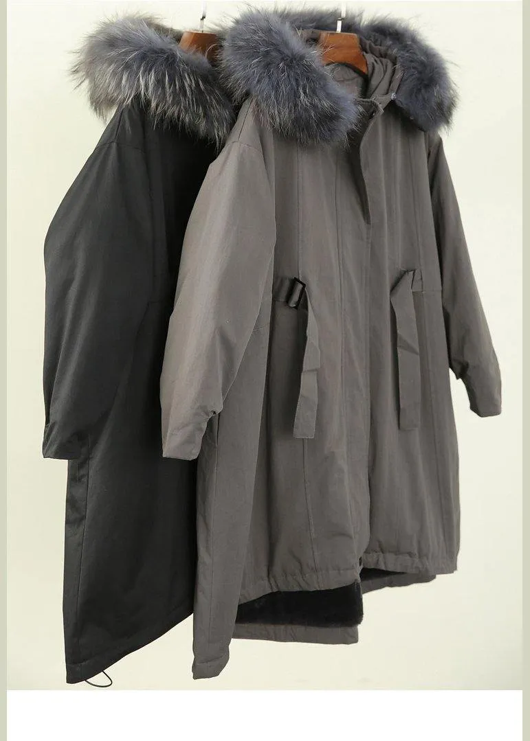 women gray winter outwear casual hooded faux fur collar outwear