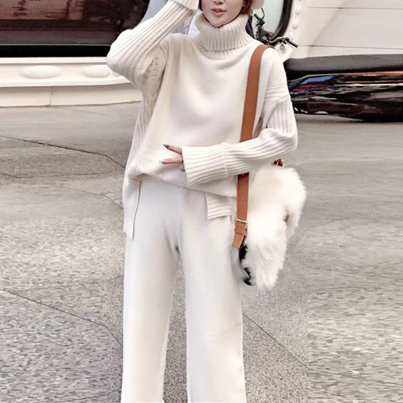 Women tracksuit spring autumn knitted suits 2 piece set warm turtleneck sweater wide legs pants