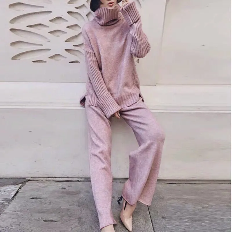 Women tracksuit spring autumn knitted suits 2 piece set warm turtleneck sweater wide legs pants