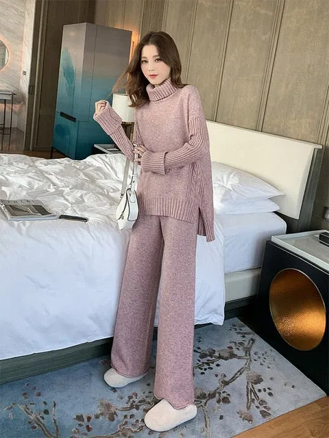 Women tracksuit spring autumn knitted suits 2 piece set warm turtleneck sweater wide legs pants