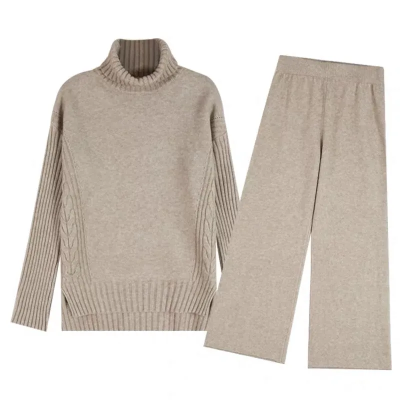 Women tracksuit spring autumn knitted suits 2 piece set warm turtleneck sweater wide legs pants