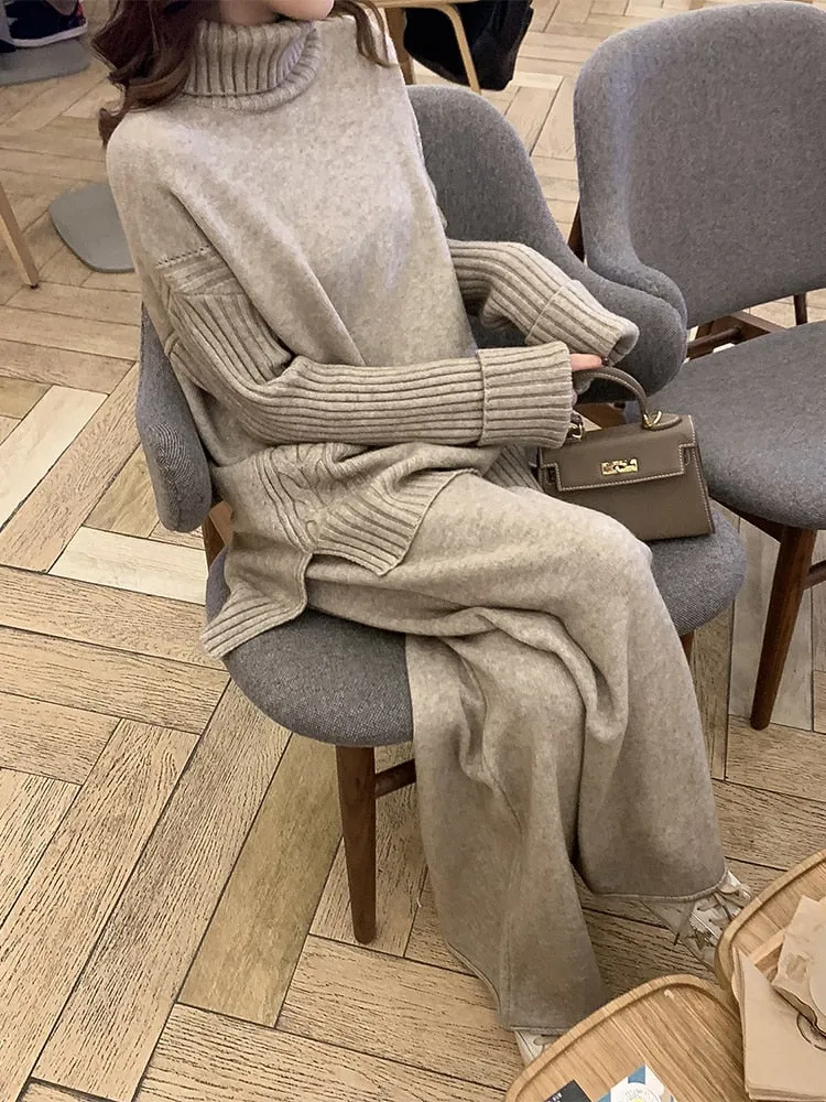 Women tracksuit spring autumn knitted suits 2 piece set warm turtleneck sweater wide legs pants