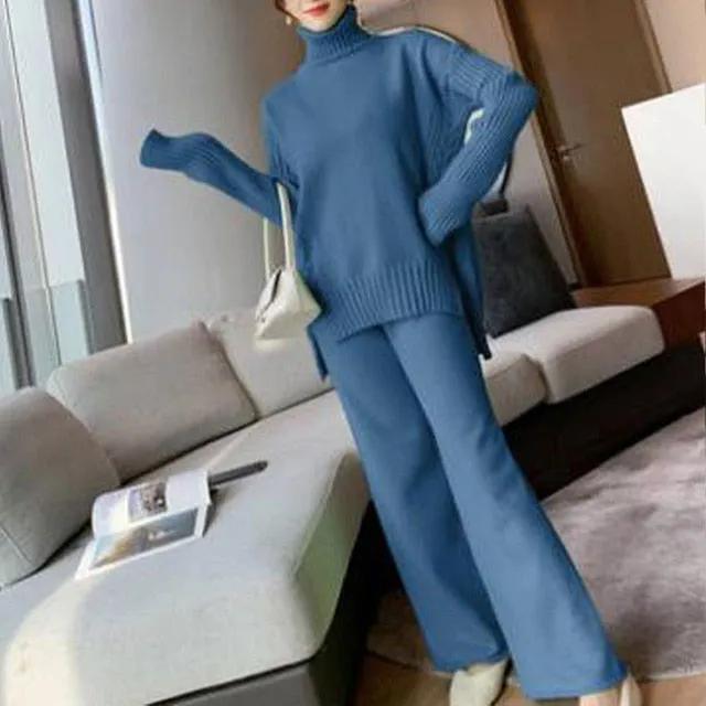 Women tracksuit spring autumn knitted suits 2 piece set warm turtleneck sweater wide legs pants