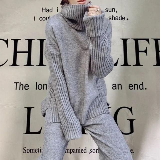 Women tracksuit spring autumn knitted suits 2 piece set warm turtleneck sweater wide legs pants