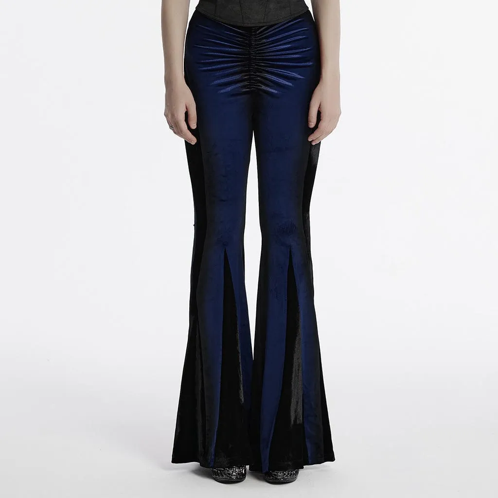 Women's Gothic Contrast Color Drawstring Velvet Flared Pants Blue