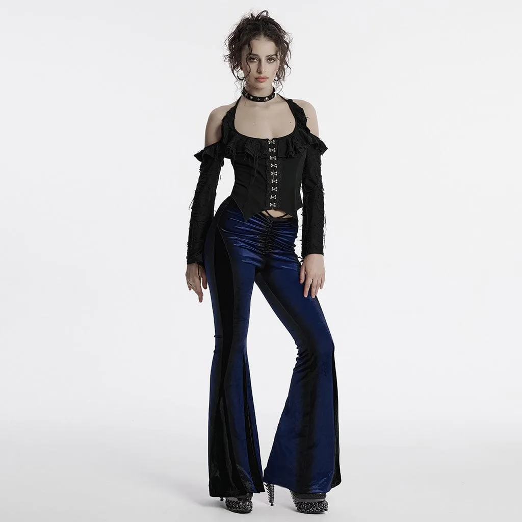 Women's Gothic Contrast Color Drawstring Velvet Flared Pants Blue