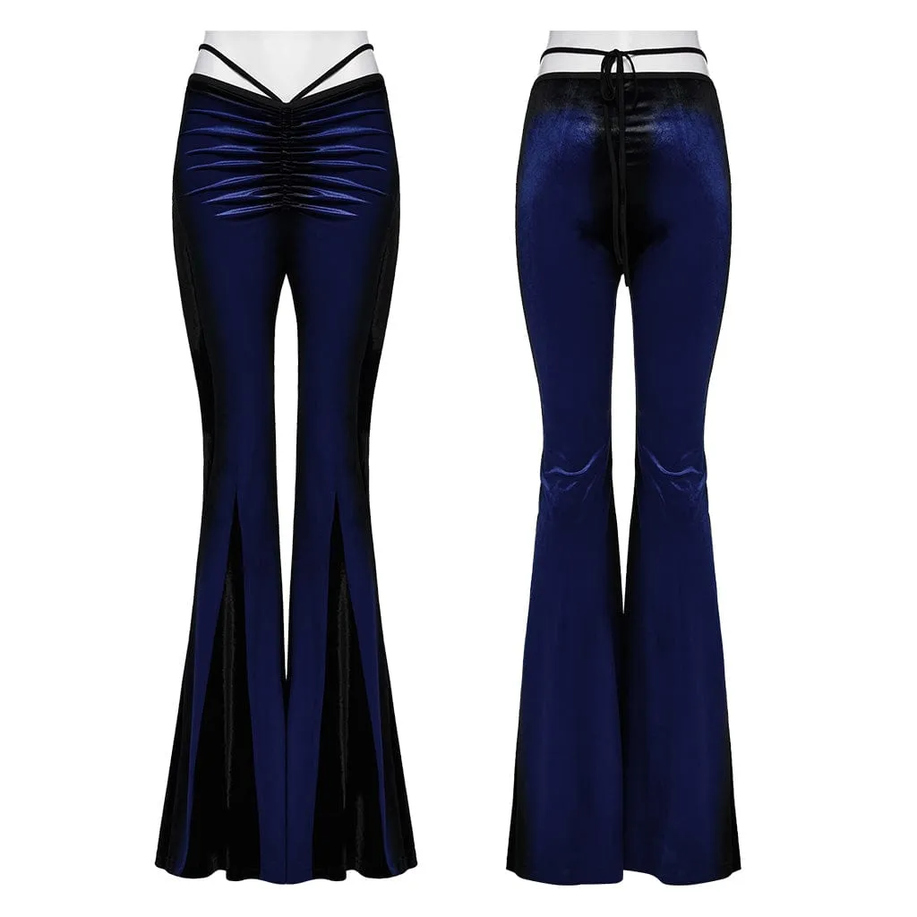 Women's Gothic Contrast Color Drawstring Velvet Flared Pants Blue