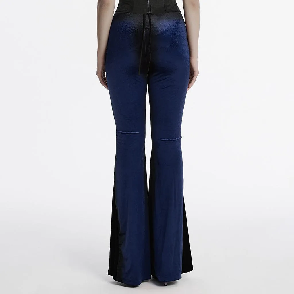 Women's Gothic Contrast Color Drawstring Velvet Flared Pants Blue