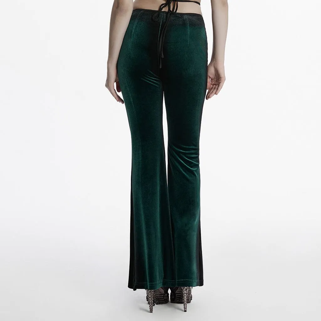 Women's Gothic Contrast Color Drawstring Velvet Flared Pants Green