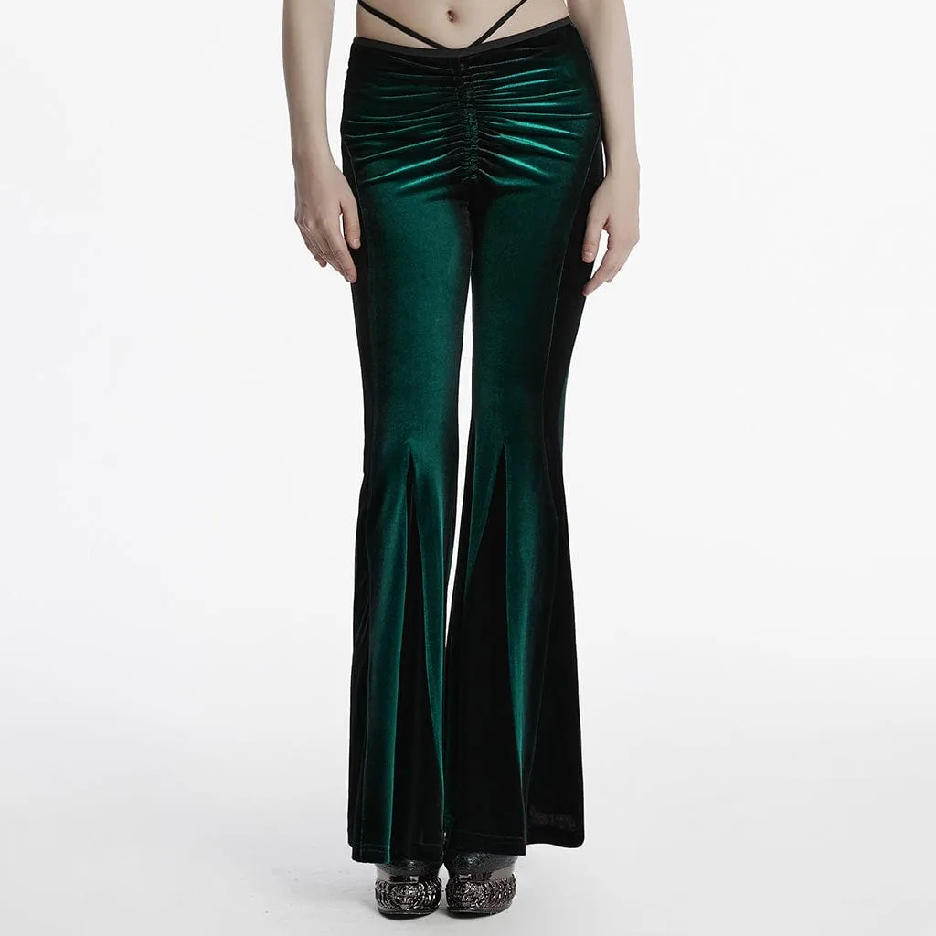 Women's Gothic Contrast Color Drawstring Velvet Flared Pants Green