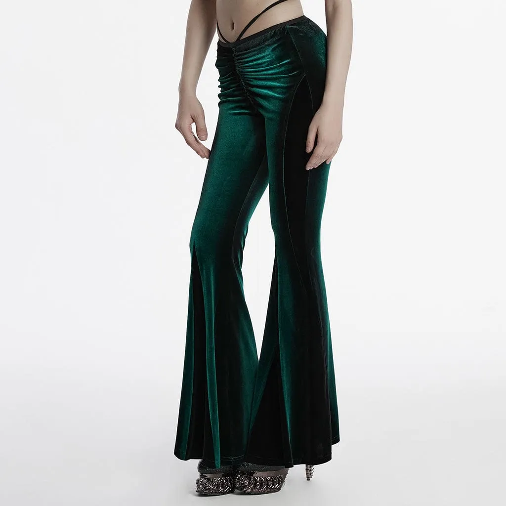 Women's Gothic Contrast Color Drawstring Velvet Flared Pants Green