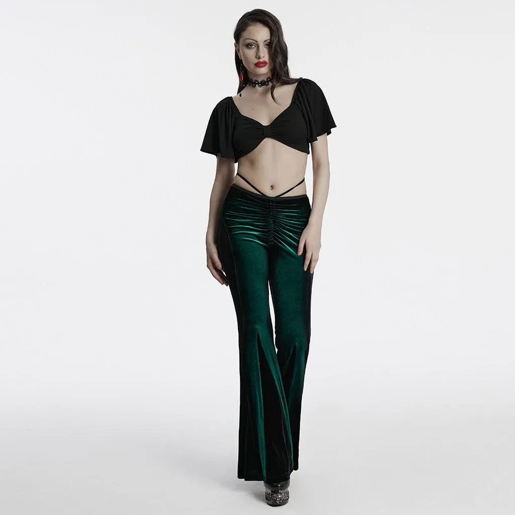 Women's Gothic Contrast Color Drawstring Velvet Flared Pants Green