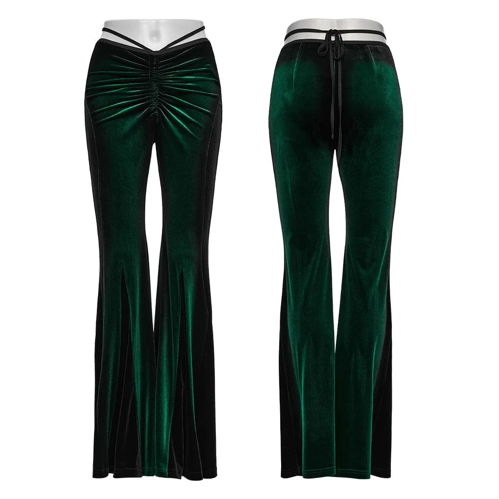 Women's Gothic Contrast Color Drawstring Velvet Flared Pants Green