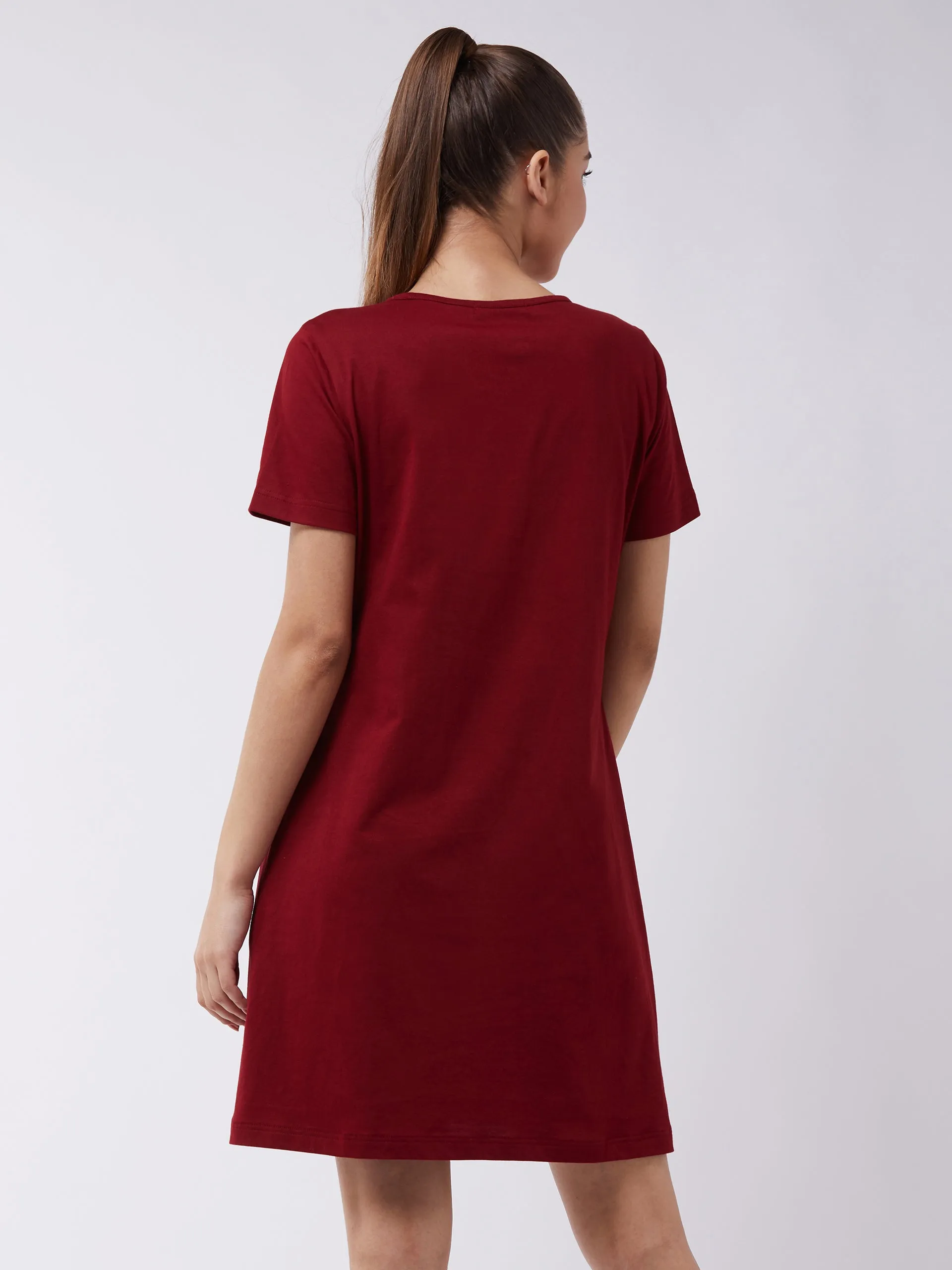 Women's Maroon Cotton Solid  Knee-Length V-Neck Short Sleeves Loungewear Dress