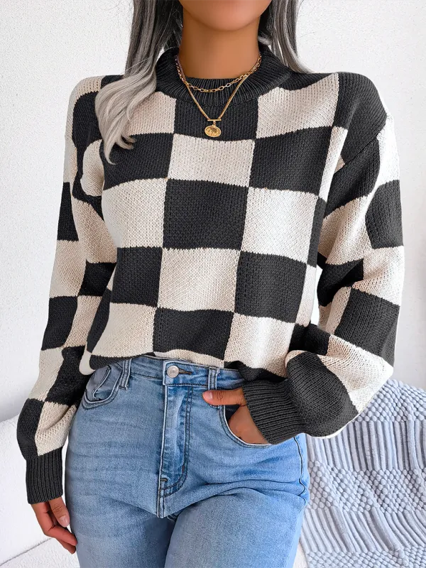 Yin-Yang Checkerboard Knits – Long Sleeve Sweaters