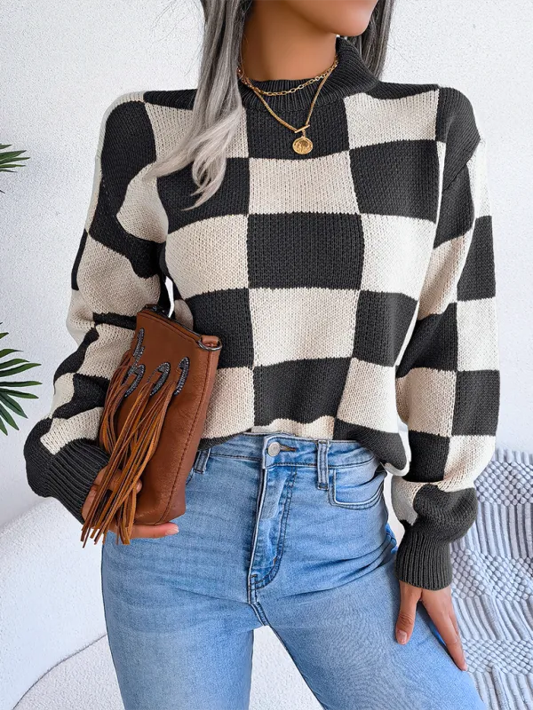 Yin-Yang Checkerboard Knits – Long Sleeve Sweaters